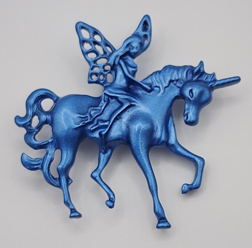 Fairy Riding a Unicorn Brooch Metallic Blue Intricate Cutouts and Wings
